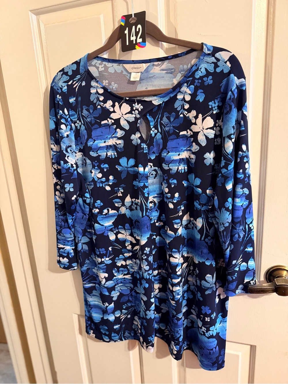 CJ Banks Navy Blue Floral Long Sleeve Scoop Neck Top